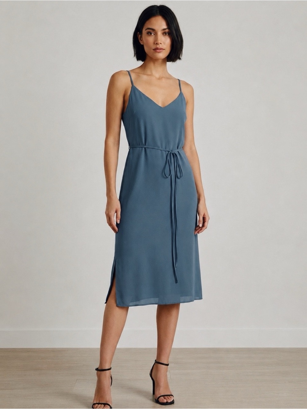 Lulus Breezy Slate Blue Chiffon V-Neck Tie Waist Midi Dress Side Slits Sz L NWT